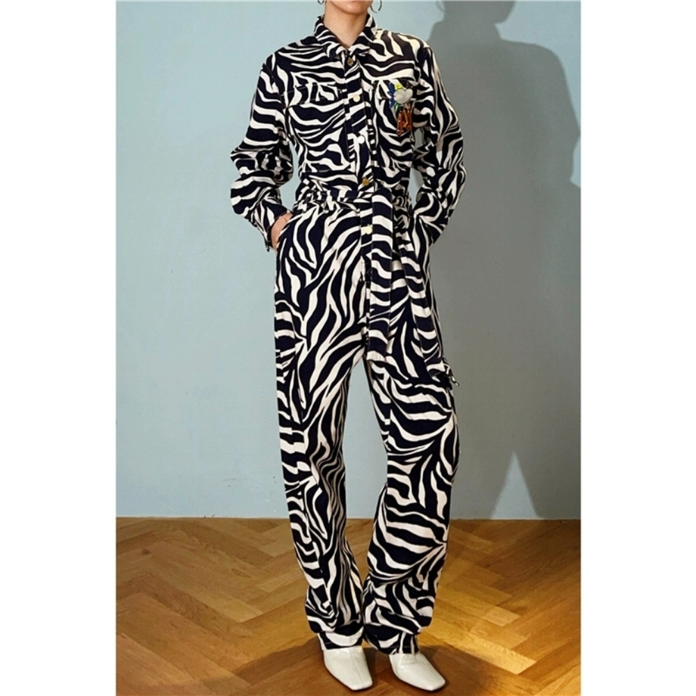 Zebra-printed denim jumpsuit